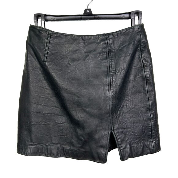 Express Vintage 90s Genuine Leather Black Mini Micro Skirt w/ Slit Women's 3 / 4 - Picture 1 of 11